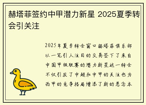 赫塔菲签约中甲潜力新星 2025夏季转会引关注