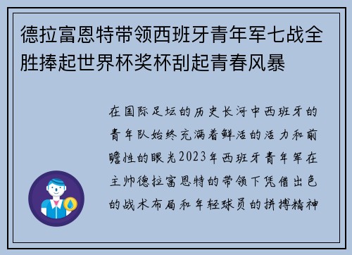 德拉富恩特带领西班牙青年军七战全胜捧起世界杯奖杯刮起青春风暴